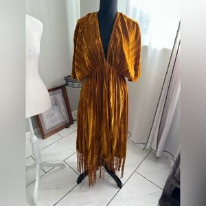 Anthropologie Golden Mustard Velvet Fringe Maxi Dress